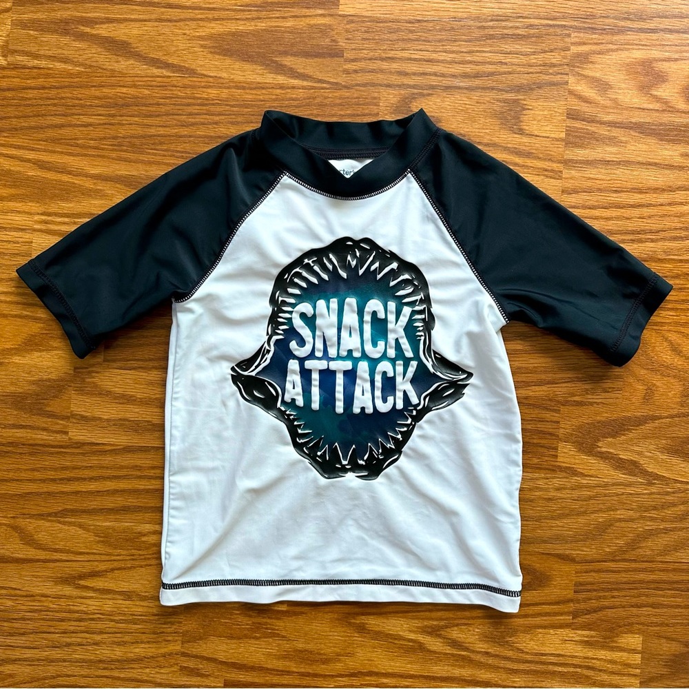Carter’s Kid Boy Size 5 Rash Guard Swim Short Sleeve Top Shark Snack Attack EUC!